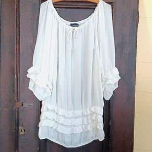 White Peasant Boho Pirate Ruffly Long Shirt/Short Dress adjustable neckline 16